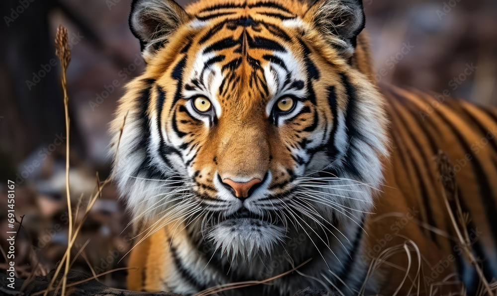 Fototapeta premium Majestic Stare, Wild Tiger, Intensely Gazing with Power, A Captivating Wildlife Moment.