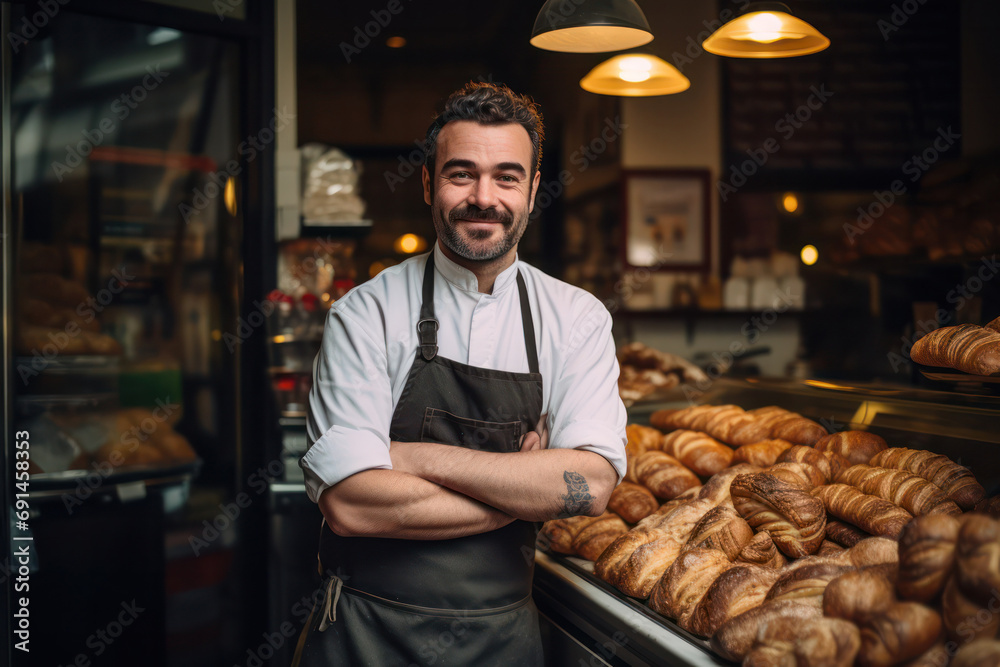 Obraz na płótnie Bakery Entrepreneurship, Small Business Owner Proudly Showcases Fresh Croissants. w salonie