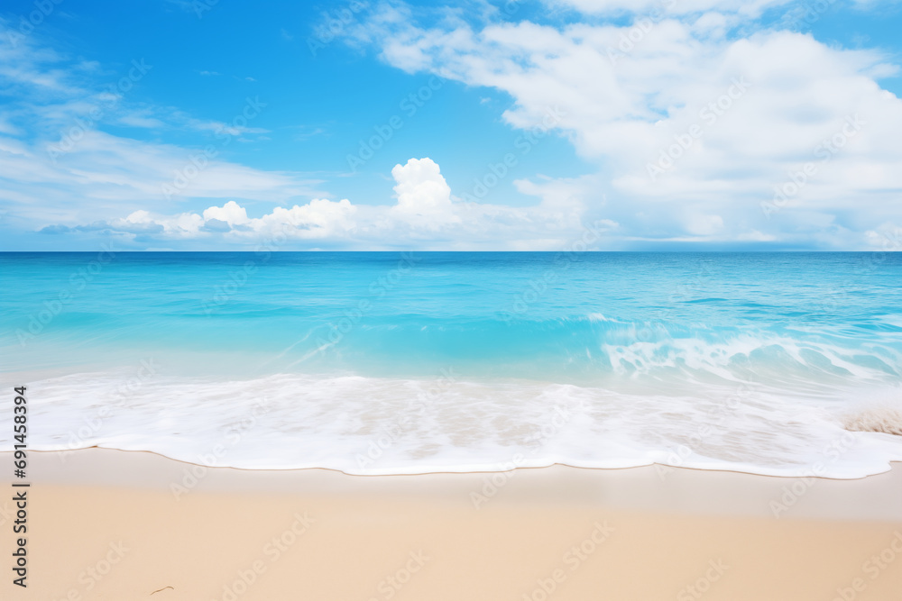 Bumpy tropical sandy beach with blurry blue ocean and sky