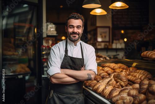 Bakery Entrepreneurship, Small Business Owner Proudly Showcases Fresh Croissants. photo