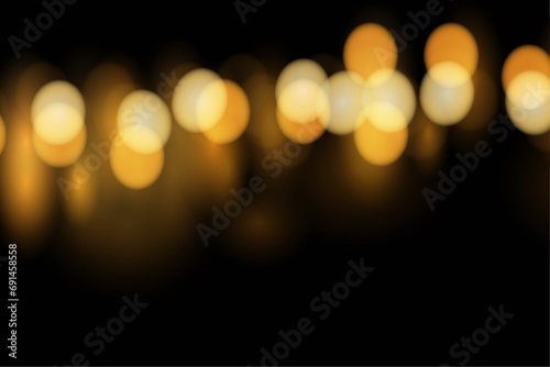 Black background with glowing yellow bokeh, warm night. Vector illustration.