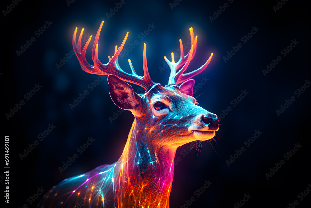 Glowing Neon Deer with Majestic Antlers poster on dark Background