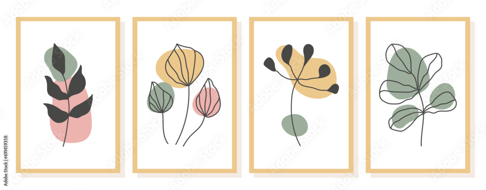 Floral wall art vector set. Line art botanical illustrations with abstract shapes in natural boho colors. Hand drawn plant collection for interior poster, wall decor, cards etc. Vector illustration. Floral wall art vector set. Line art botanical illustrations with abstract shapes in natural boho colors. Hand drawn plant collection for interior poster, wall decor, cards etc. Vector illustration.