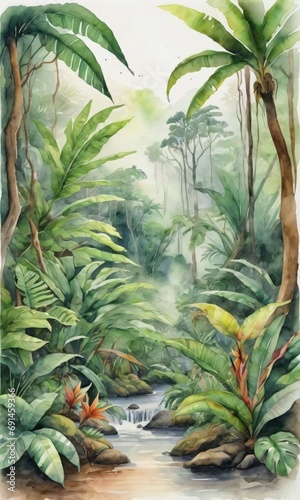 Watercolor Drawing Of A Tropical Rainforest.