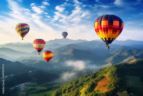 Colorful hot air balloons flying over mountain at Dot Inthanon in Chiang Mai