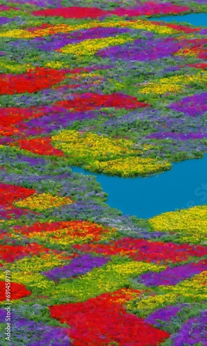 Field Of Colorful Flowers On A Lake In Springtime.
