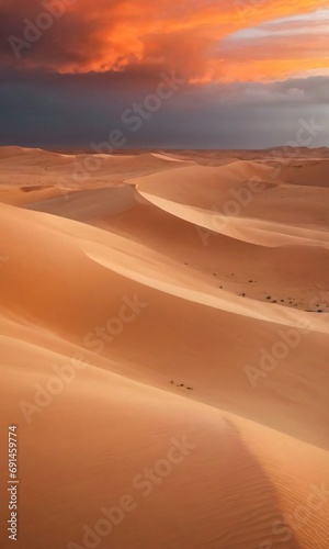 A Sunset Over A Desert With Sand Dunes And A Cloudy Sky