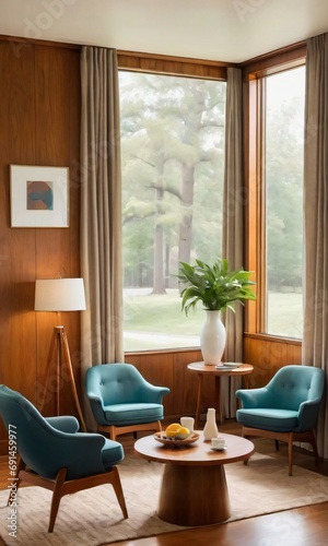 Two Barrel Chairs And A Round Wooden Coffee Table Against A Window Near A Paneling Wall And Curtain In A Mid-Century Modern Living Room.