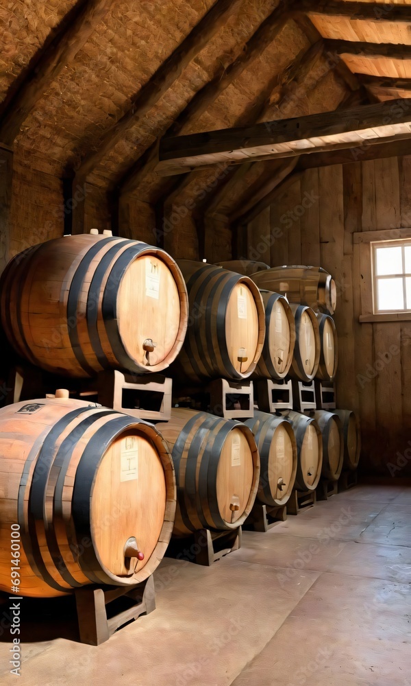 Barrels Of Alcohol In A Vineyard Barn.