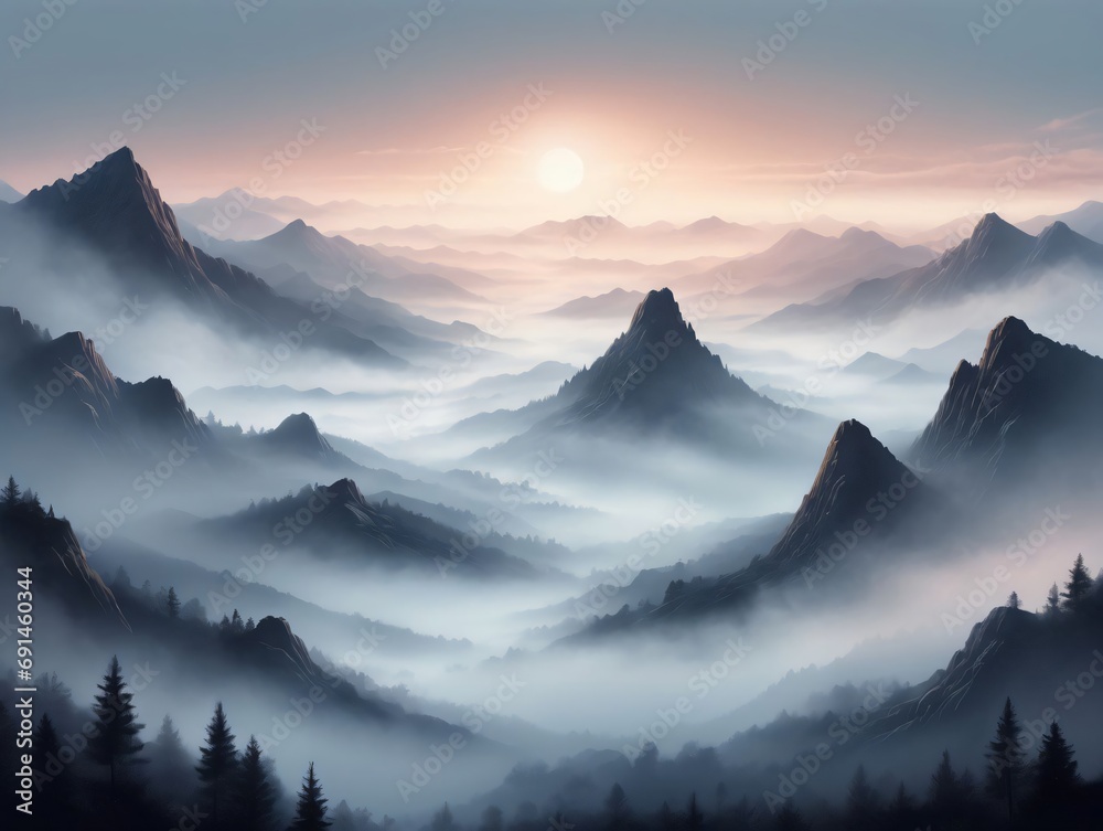 Photo Realistic Illustration Of Mountains, Est Fog Morning Mystic, Graphic Art.