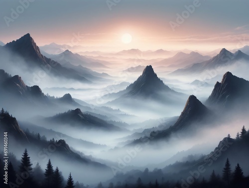 Photo Realistic Illustration Of Mountains, Est Fog Morning Mystic, Graphic Art. © Pixel Matrix