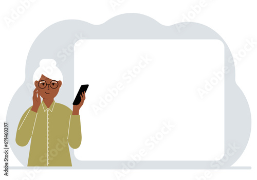 A woman looks at a mobile phone. Reads SMS, news or social networks. Large white sheet for text.