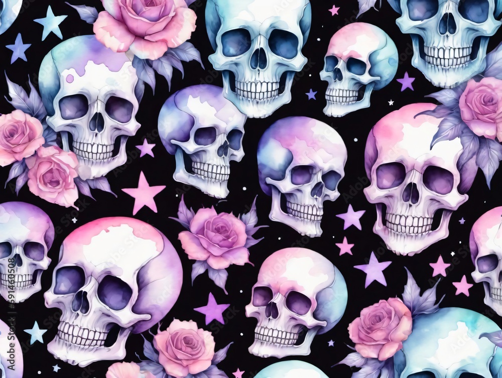 Watercolor Illustration Of Pastel Goth Magical Seamless Skull Pattern.