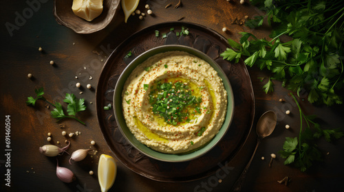Classic hummus with herbs olive oil