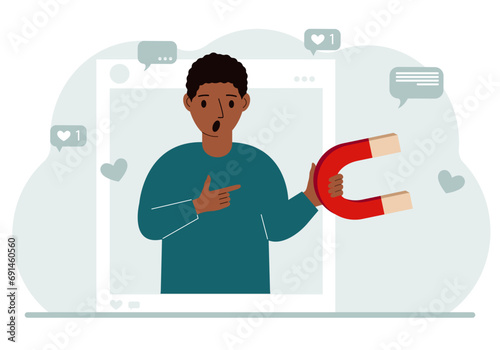Social media influencer. A man holds a magnet in a social profile frame. Various icons.