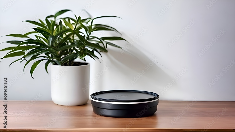 a potted plant sitting on top of a wooden table, minimalism, metal lid, programmable black goo, pan and plates. generative ai