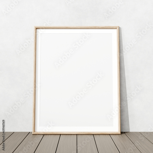 Fototapeta Naklejka Na Ścianę i Meble -  3d rendering of wooden photo frame mockup, wood floor and grunge wall background. Frame for 4:5 width to height ratio such as 8x10 12x15 16x20 inches
