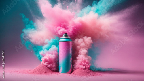 Pink aerosol can with cloud of colored powders stock photo, in the style of light orange and teal, video glitches, high quality photo, colorful explosions, striking composition. generative AI