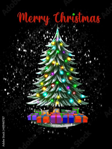 merry christmas tree. Put on multi-colored lights Christmas tree celebration with Santa Claus in the snow in winter Multi-colored gifts under the Christmas tree.merry Christmas and a happy new year.