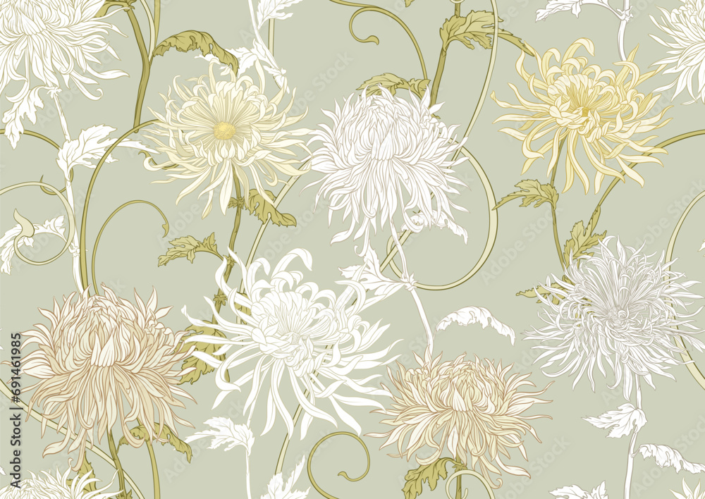 Fototapeta premium Chrysanthemum decorative flowers and leaves in art nouveau style, vintage, old, retro style. Seamless pattern, background. Vector illustration.