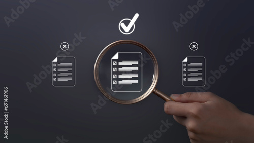  Magnifying glass focus on correct sign mark with document approve paperless and quality assurance approve. Rules of conduct and policies. Document quality control concept. photo