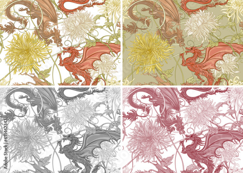 Chrysanthemum decorative flowers and dragons in art nouveau style, vintage, old, retro style. Seamless pattern, background. Vector illustration.