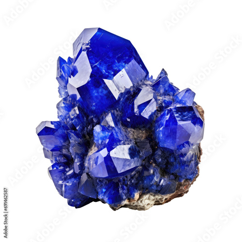 A vibrant cluster of deep blue cobalt crystals radiating from a natural matrix photo