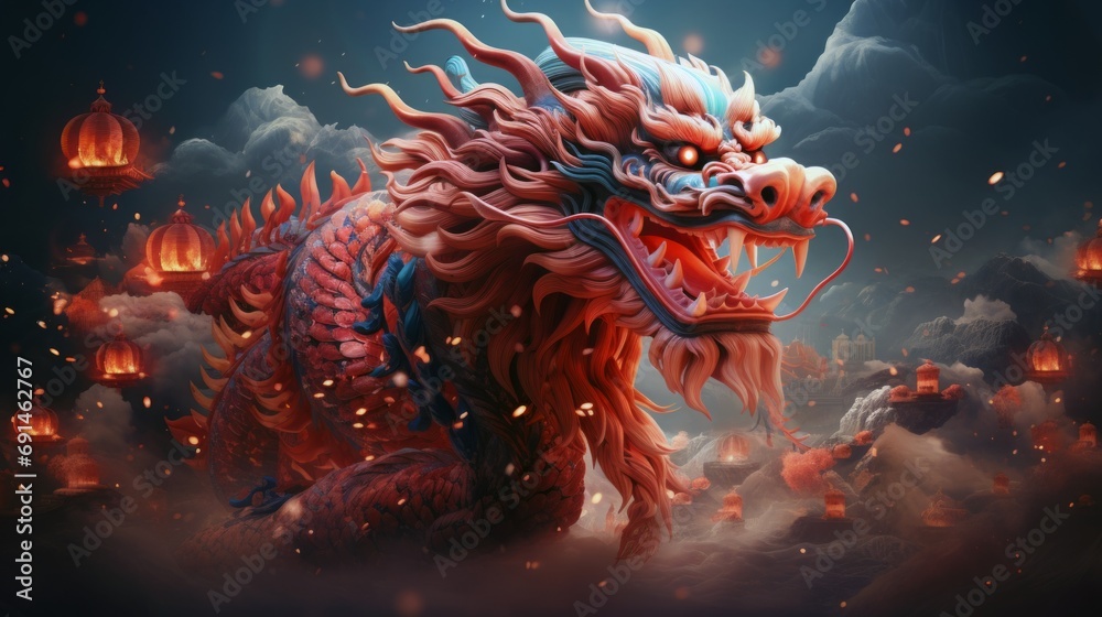 Chinese new year dragon flying over clouds in the sky - obrazy, fototapety, plakaty 