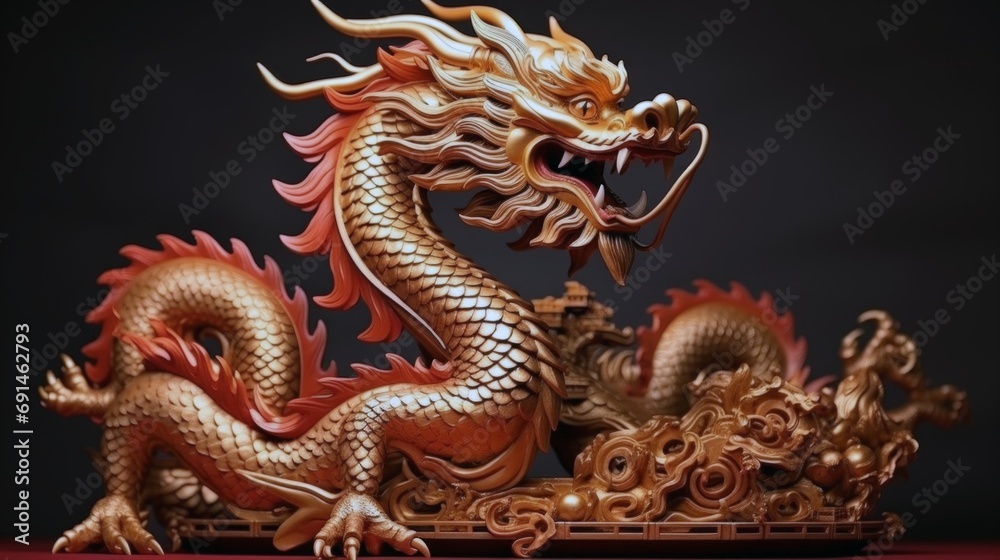 Naklejka premium Chinese new year dragon, golden dragon statue and red decoration on black wall, card template