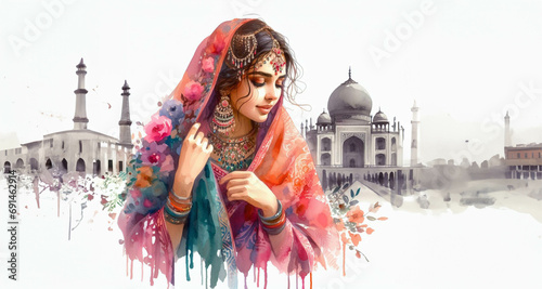 Watercolor beautiful woman on white background photo