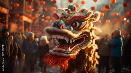 Chinese Lion dance in the Chinese new year celebration festival in chinatown streets photo