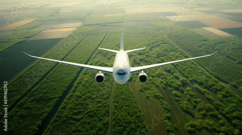 Passenger plane flies in the sky over a green field