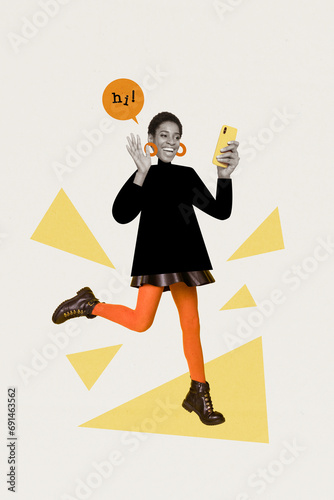 Canvas Print Vertical collage figurative ad illustration of funky transgender girl waving pal