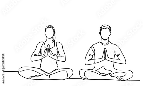 Continuous line drawing of yoga. man women sitting yoga pose lotus. couple sitting cross-legged meditating on a white background. concept of yoga, meditation, healthy body, and relaxation.
