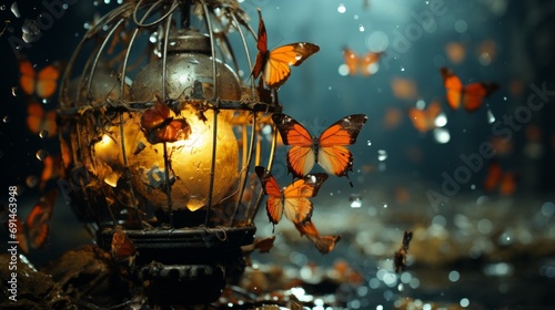 Amidst the darkness of the night, ethereal butterflies dance around a glowing lantern, creating a mesmerizing aquarium of light