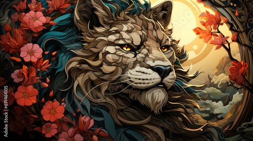 Vibrant brushstrokes bring to life a whimsical lion, adorned with blooming flowers and basking in the warmth of the sun, captured in a playful and charming cartoon-style drawing