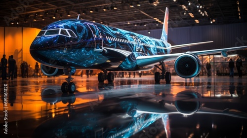 A majestic blue airliner, glowing with lights, prepares for takeoff, embodying the wonder and innovation of air travel and the expertise of aerospace engineering