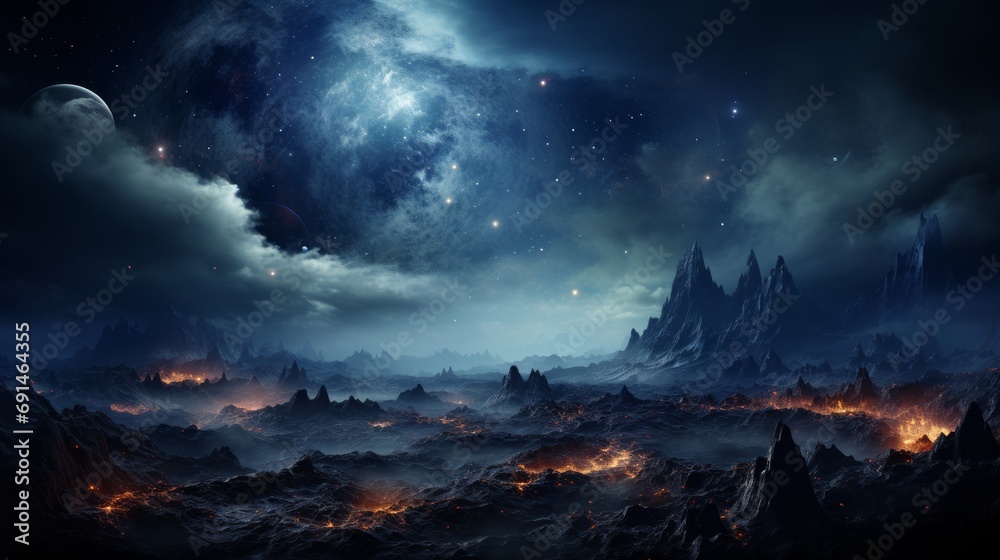 A stunning nighttime landscape featuring a fiery volcano, majestic mountains, and a dreamy sky full of wispy clouds