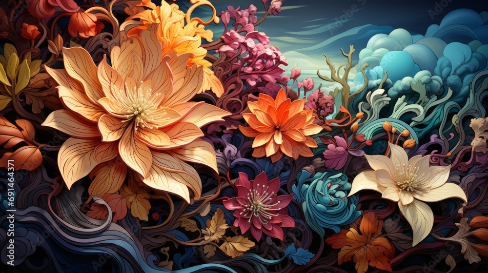 A vibrant painting of a lush reef bursting with colorful flowers and leaves, creating a captivating display of nature's art A vibrant painting of a lush reef bursting with colorful flowers and leaves, creating a captivating display of nature's art