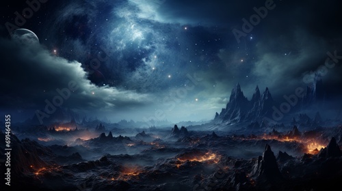A stunning nighttime landscape featuring a fiery volcano, majestic mountains, and a dreamy sky full of wispy clouds