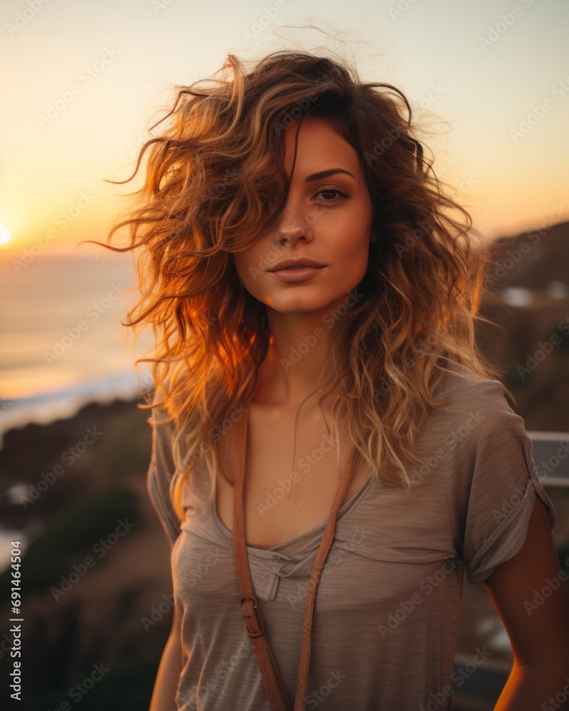 A stunning female model with long wavy hair stands on a beach, her face bathed in the warm glow of a sunset, exuding a relaxed and fashionable surfer vibe for a portrait photography shoot A stunning female model with long wavy hair stands on a beach, her face bathed in the warm glow of a sunset, exuding a relaxed and fashionable surfer vibe for a portrait photography shoot