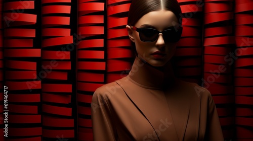 A mysterious woman with a bold red shirt and dark shades stands confidently indoors, her face partially hidden behind a curtain