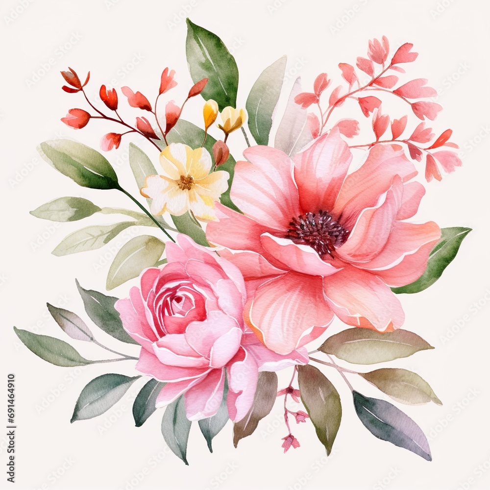Obraz premium Watercolor Wild Flowers Bouquet on a White Background AI Generative