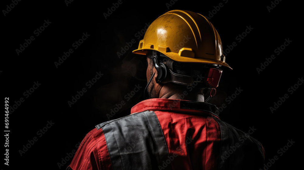 Back view of mine workers wearing helmet