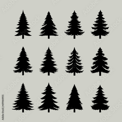 Vintage trees and forest silhouettes set, black pine woods design on white background © Royokta