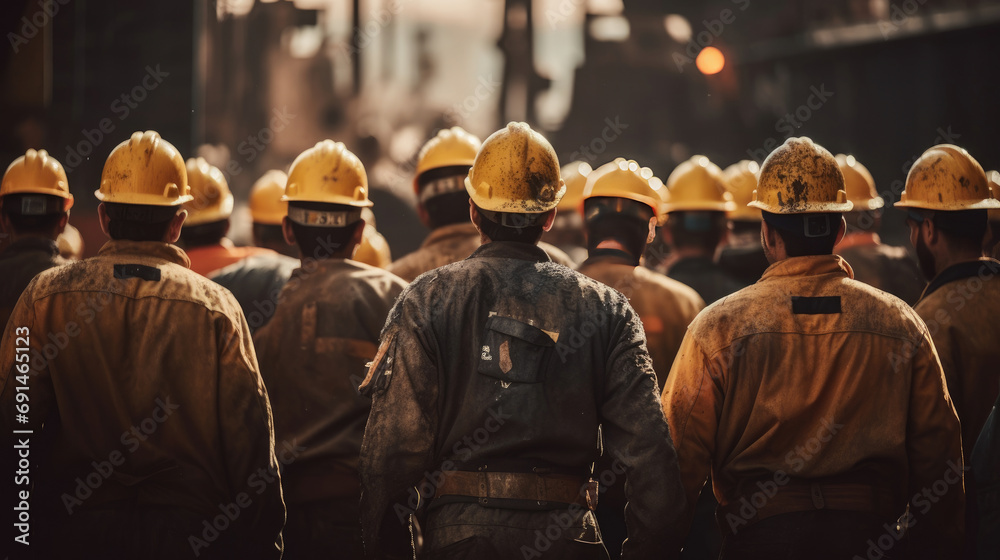 Back view of mine workers wearing helmet Back view of mine workers wearing helmet