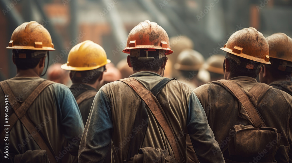 Back view of mine workers wearing helmet Back view of mine workers wearing helmet