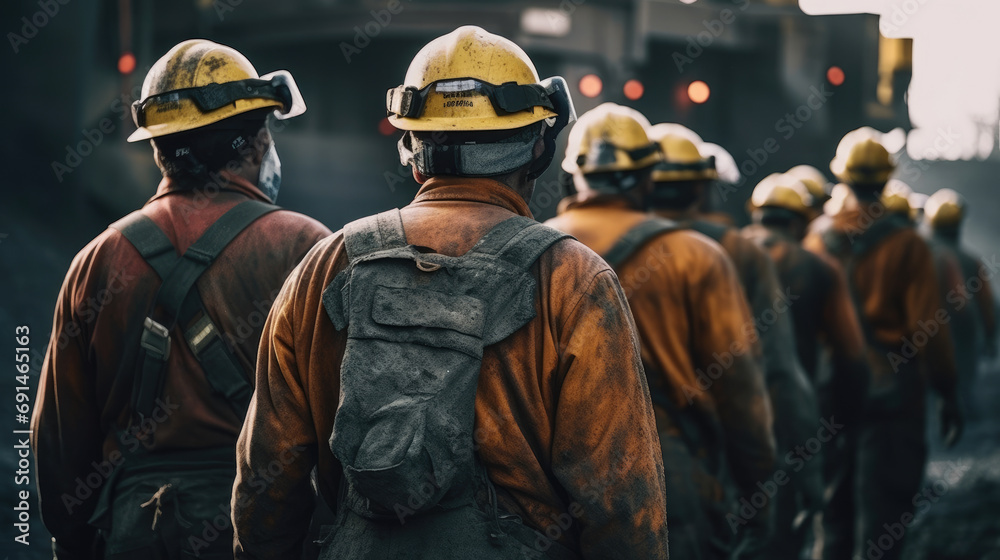 Back view of mine workers wearing helmet