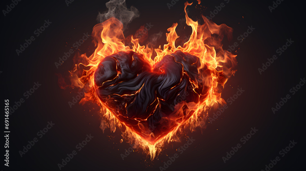 Fototapeta premium Fire flame heart shape isolated on black background