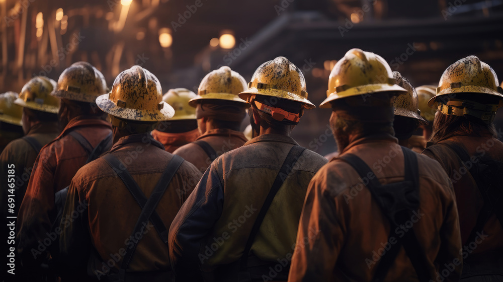 Obraz premium Back view of mine workers wearing helmet